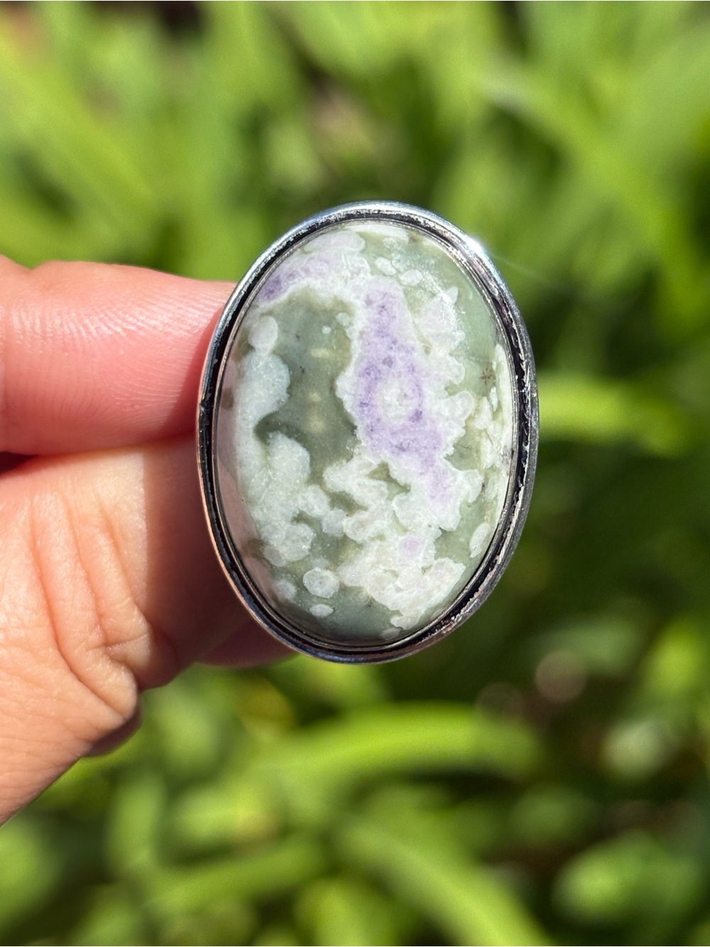 SIZE 7 Oval Green Ocean Jasper Stone Ring Silver Band